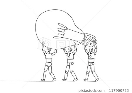 Single one line drawing a group of robots work together to carrying a lightbulb. Amazing artificial intelligence. Bring brilliant ideas. Technology concept. Continuous line design graphic illustration Single one line drawing a group of robots work together to carrying a lightbulb. Amazing artificial intelligence. Bring brilliant ideas. Technology concept. Continuous line design graphic illustration 117900723