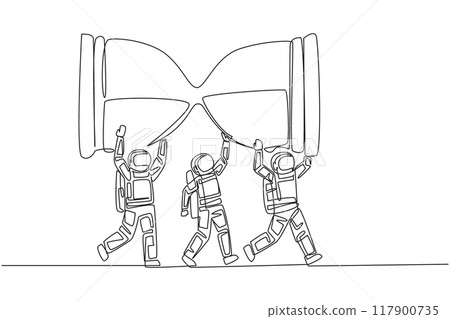 Continuous one line drawing a group of astronauts work together to carrying an hourglass. Classic. Vintage. A reminder of an impending deadline. Spaceman. Single line draw design vector illustration 117900735