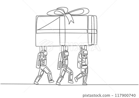 Single continuous line drawing group of astronauts work together to carrying gift box. A successful space expedition mission. Award. Achievement. Cosmonaut space. One line design vector illustration Single continuous line drawing group of astronauts work together to carrying gift box. A successful space expedition mission. Award. Achievement. Cosmonaut space. One line design vector illustration 117900740