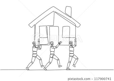 Single one line drawing group of robots work together carrying a miniature house. Architect robot. Design and build a house. Double profit. Technology. Continuous line design graphic illustration Single one line drawing group of robots work together carrying a miniature house. Architect robot. Design and build a house. Double profit. Technology. Continuous line design graphic illustration 117900741