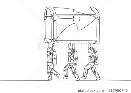 Single one line drawing group of astronauts work together carrying treasure chest. Valuable discoveries from the moon. Invaluable. Fun expedition. Spaceman. Continuous line design graphic illustration Single one line drawing group of astronauts work together carrying treasure chest. Valuable discoveries from the moon. Invaluable. Fun expedition. Spaceman. Continuous line design graphic illustration 117900742