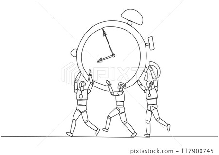 Single one line drawing group of robots work together carrying alarm clock. Limited trial time. Artificial intelligence should be released soon. Technology. Continuous line design graphic illustration 117900745