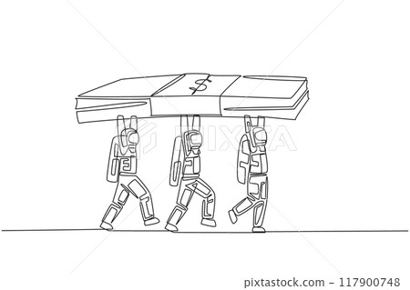 Single continuous line drawing group of astronauts working together carrying stack of banknotes. Work hard together. Mutual benefit. Cosmonaut outer space concept. One line design vector illustration Single continuous line drawing group of astronauts working together carrying stack of banknotes. Work hard together. Mutual benefit. Cosmonaut outer space concept. One line design vector illustration 117900748