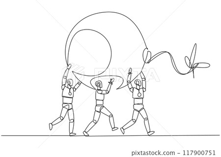 Single continuous line drawing group of robots work together carrying a big bomb with fuse lit. Hazard detector. Get rid of distractions. Future technology concept. One line design vector illustration 117900751