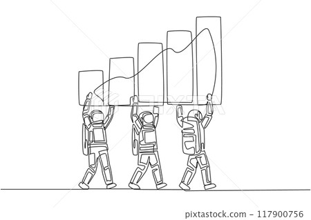 Single continuous line drawing group of astronauts work together carry a graphic chart. Shares increased significantly. Passionate about going on space expedition. One line design vector illustration 117900756