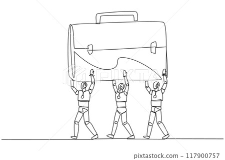 Single continuous line drawing group of robots work together carrying a briefcase. Test artificial intelligence. Introduction to business bags. Technology concept. One line design vector illustration 117900757