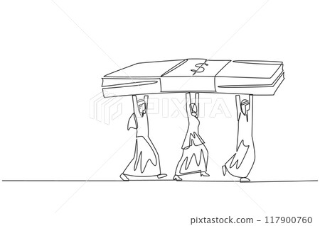 Single one line drawing group of Arab businessmen and businesswomen working together carry stack of banknotes. Make maximum use of large capital. Profit. Continuous line design graphic illustration Single one line drawing group of Arab businessmen and businesswomen working together carry stack of banknotes. Make maximum use of large capital. Profit. Continuous line design graphic illustration 117900760