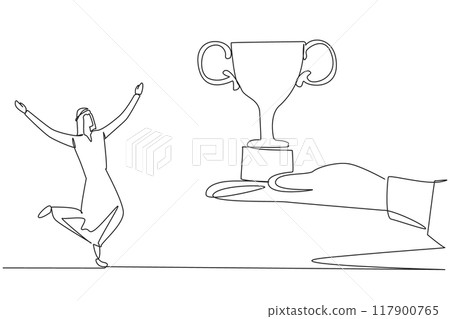Single one line drawing young Arabian businessman happy to get the trophy from the giant hand. Received a prestigious award. Pride. Expand company. Success. Continuous line design graphic illustration 117900765