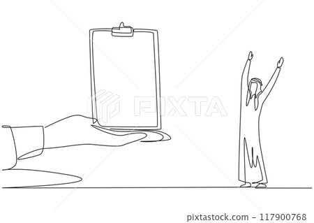 Single continuous line drawing Arabian businessman was excited to get the clipboard from the giant hand. Ease of access. Ease of facilities. Facilitate the work. One line design vector illustration Single continuous line drawing Arabian businessman was excited to get the clipboard from the giant hand. Ease of access. Ease of facilities. Facilitate the work. One line design vector illustration 117900768