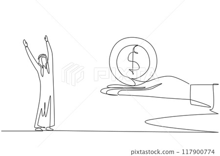 Continuous one line drawing Arabian businessman is excited to get dollar symbol coin from a giant hand. Profitable prizes. Useful to keep. Venture capital. Single line draw design vector illustration 117900774