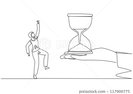 Single one line drawing Arabian businesswoman excited to get the hourglass from the giant hand. Challenge. Completed a lot of work before the deadline. Continuous line design graphic illustration 117900775