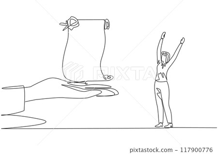 Single one line drawing businesswoman was excited to get roll of stamped paper from the giant hand. A testament for the progress of the company. Important. Continuous line design graphic illustration 117900776
