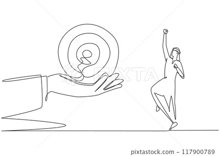 Single one line drawing Arab businessman was excited to get the arrow target board from a giant hand. Makes it easier to focus. Achieve targets optimally. Continuous line design graphic illustration 117900789