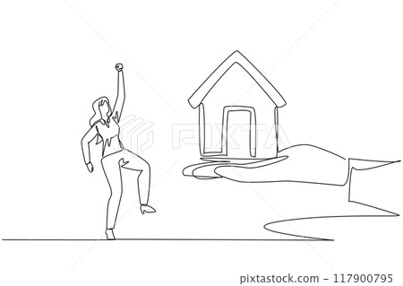 Single one line drawing businesswoman was excited to get a miniature house from giant hand. Hard work gets comparable results. Trusted to place a new house. Continuous line design graphic illustration 117900795