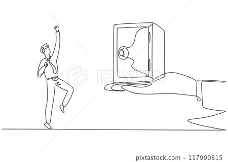 Single continuous line drawing the businessman was excited to get a safe deposit box from a giant hand. Important gift. It's very useful to keep important things. One line design vector illustration 117900815