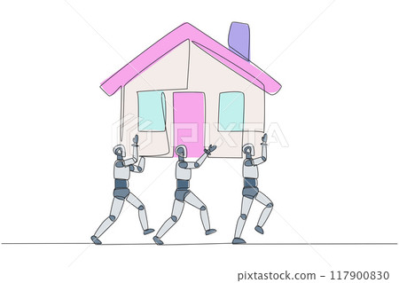 Single one line drawing group of robots work together carrying a miniature house. Architect robot. Design and build a house. Double profit. Technology. Continuous line design graphic illustration Single one line drawing group of robots work together carrying a miniature house. Architect robot. Design and build a house. Double profit. Technology. Continuous line design graphic illustration 117900830