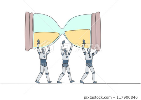 Single one line drawing group of robots work together to carrying an hourglass. Sets the countdown. Bring classic items. Technology artificial intelligence. Continuous line design graphic illustration Single one line drawing group of robots work together to carrying an hourglass. Sets the countdown. Bring classic items. Technology artificial intelligence. Continuous line design graphic illustration 117900846