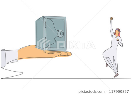 Single continuous line drawing Arabian businessman was excited to get a safe deposit box from a giant hand. Unforgettable gift. Ease of storing important documents. One line design vector illustration Single continuous line drawing Arabian businessman was excited to get a safe deposit box from a giant hand. Unforgettable gift. Ease of storing important documents. One line design vector illustration 117900857