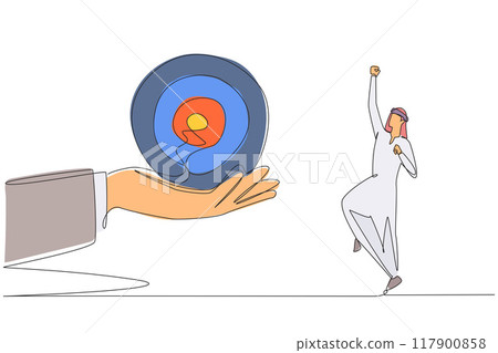 Single one line drawing Arab businessman was excited to get the arrow target board from a giant hand. Makes it easier to focus. Achieve targets optimally. Continuous line design graphic illustration Single one line drawing Arab businessman was excited to get the arrow target board from a giant hand. Makes it easier to focus. Achieve targets optimally. Continuous line design graphic illustration 117900858