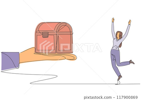 Single continuous line drawing businesswoman was excited to get the treasure chest from the giant hand. Work smarter than ever. The profits obtained are very large. One line design vector illustration Single continuous line drawing businesswoman was excited to get the treasure chest from the giant hand. Work smarter than ever. The profits obtained are very large. One line design vector illustration 117900869