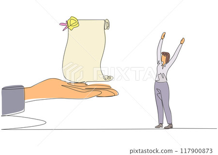 Single one line drawing businesswoman was excited to get roll of stamped paper from the giant hand. A testament for the progress of the company. Important. Continuous line design graphic illustration 117900873