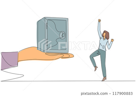 Single continuous line drawing the businesswoman was excited to get a safe deposit box from a giant hand. Obtain important documents. Transfer of company ownership. One line design vector illustration 117900883