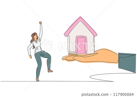 Single one line drawing businesswoman was excited to get a miniature house from giant hand. Hard work gets comparable results. Trusted to place a new house. Continuous line design graphic illustration 117900884