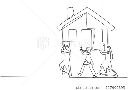 Single one line drawing group of Arab businessmen and Arab businesswomen work together carry miniature house. Profitable property investment in the future. Continuous line design graphic illustration Single one line drawing group of Arab businessmen and Arab businesswomen work together carry miniature house. Profitable property investment in the future. Continuous line design graphic illustration 117900895