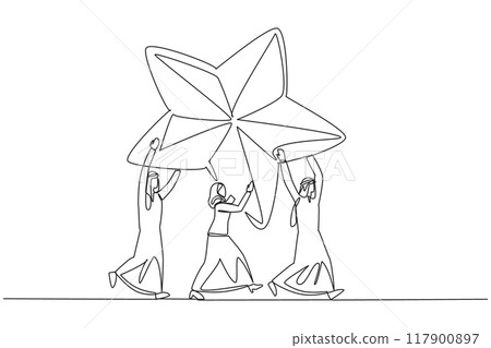 Single continuous line drawing a group of Arab businessmen and Arab businesswomen work together carrying star. Strengthen each other. Achieving dreams together. One line design vector illustration 117900897