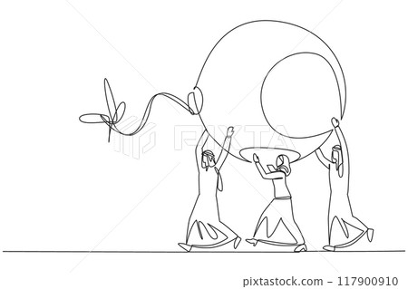 Single continuous line drawing a group of Arab businessmen and Arab businesswomen work together carrying bomb with fuse lit. Work hard together. Keeps danger away. One line design vector illustration 117900910