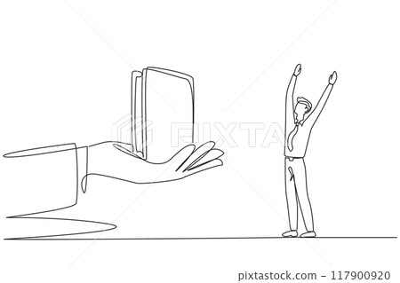 Single one line drawing the businessman was excited to get a wallet from the giant hand. Important prize. Get a business trip money. Marketing the product. Continuous line design graphic illustration 117900920