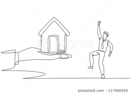 Single continuous line drawing businessman was excited to get a miniature house from the giant hand. Important prize. Proud achievement. Home bonus is a dream. One line design vector illustration 117900926