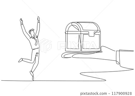 Single one line drawing businessman was excited to get the treasure chest from the giant hand. Prize is priceless. Getting antiques for free. Hard work. Continuous line design graphic illustration 117900928