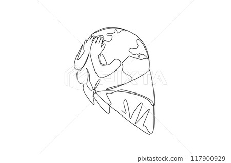 Single one line drawing the globe becomes melting ice cream cone. The heat of the earth makes the ice melt and drip quickly. The concept of a warming earth. Continuous line design graphic illustration Single one line drawing the globe becomes melting ice cream cone. The heat of the earth makes the ice melt and drip quickly. The concept of a warming earth. Continuous line design graphic illustration 117900929