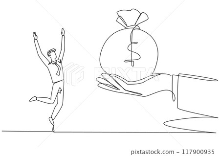 Continuous one line drawing businessman was excited to get money bag from giant hand. Important prize. Smart work that brings benefits. Get company income. Single line draw design vector illustration 117900935