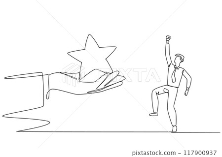 Continuous one line drawing the businessman was happy to get a star from the giant hand. Satisfying review. Get a good rating. Satisfying ranking. The best. Single line draw design vector illustration 117900937