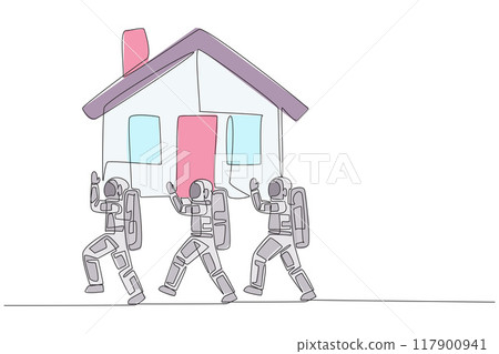 Single one line drawing group of astronauts work together carrying a miniature house. Investment in home property. Very profitable in the future. Cosmonaut. Continuous line design graphic illustration 117900941