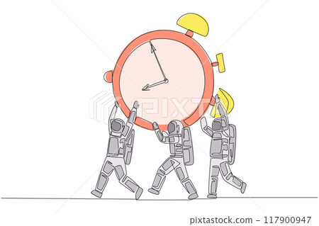 Single continuous line drawing group of astronauts work together carrying alarm clock. Appreciate the time. Time is the greatest asset. Cosmonaut. Space expedition. One line design vector illustration Single continuous line drawing group of astronauts work together carrying alarm clock. Appreciate the time. Time is the greatest asset. Cosmonaut. Space expedition. One line design vector illustration 117900947