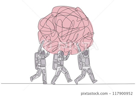 Continuous one line drawing group of astronauts work together carrying heavy messy circle. Entertain. Eliminates anxiety. No stress. Cosmonaut outer space. Single line draw design vector illustration 117900952