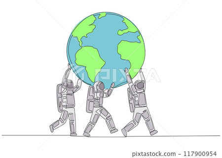 Single one line drawing group of astronauts working together to carry globe. Very successful space mission. Get back to earth as soon as possible. Spaceman. Continuous line design graphic illustration Single one line drawing group of astronauts working together to carry globe. Very successful space mission. Get back to earth as soon as possible. Spaceman. Continuous line design graphic illustration 117900954