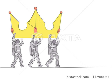 Continuous one line drawing a group of astronauts work together to carrying crown. Royal symbol. Luxurious. Throne. Empire. Vintage. Spaceman outer space. Single line draw design vector illustration 117900955