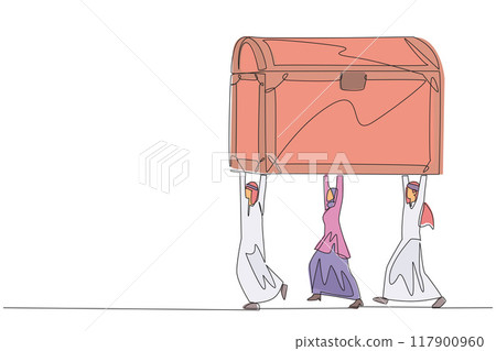 Continuous one line drawing group of Arab businessmen and Arab businesswomen work together carrying treasure chest. Multiple profits that are worth getting. Single line draw design vector illustration 117900960