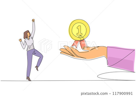 Single continuous line drawing businesswoman was happy to get reward medal from giant hand. Recognition for all hard work. Paid off. The best employee of the year. One line design vector illustration 117900991