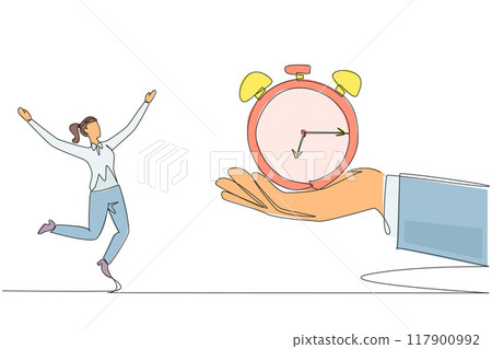 Single one line drawing businesswoman was excited to get alarm clock from a giant hand. Additional time to complete daily reports. Must always make profit. Continuous line design graphic illustration 117900992