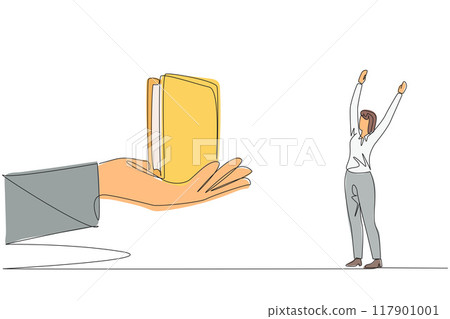 Single one line drawing the businesswoman was excited to get a wallet from the giant hand. There is a bonus in every trust given. Always work with pleasure. Continuous line design graphic illustration Single one line drawing the businesswoman was excited to get a wallet from the giant hand. There is a bonus in every trust given. Always work with pleasure. Continuous line design graphic illustration 117901001
