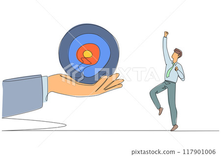 Single continuous line drawing the businessman was excited to get the arrow target board from a giant hand. Get an exciting challenge. Focus on completing on time. One line design vector illustration 117901006