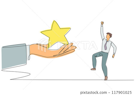 Continuous one line drawing the businessman was happy to get a star from the giant hand. Satisfying review. Get a good rating. Satisfying ranking. The best. Single line draw design vector illustration 117901025