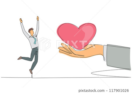 Single one line drawing the businessman is happy to get love from the giant hand. Doing business using heart. Get as expected. Work smarter than before. Continuous line design graphic illustration 117901026