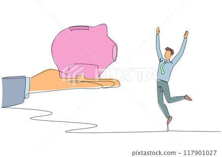 Single continuous line drawing the businessman was happy to get a piggy bank from the giant hand. Get guaranteed retirement money. Live a decent life in old age. One line design vector illustration 117901027