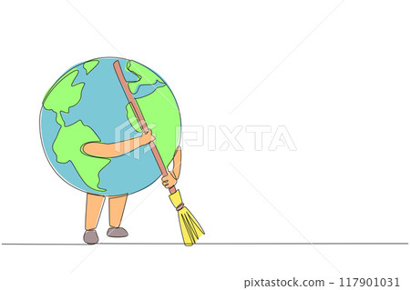 Single continuous line drawing globe sweeps up the scattered rubbish with a broomstick. Keeping the surrounding environment clean is a shared responsibility. Save. One line design vector illustration Single continuous line drawing globe sweeps up the scattered rubbish with a broomstick. Keeping the surrounding environment clean is a shared responsibility. Save. One line design vector illustration 117901031